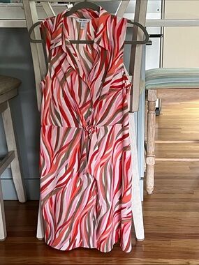 Nine West Sleeveless Tie-Waist Dress in Pink, Red & Olive